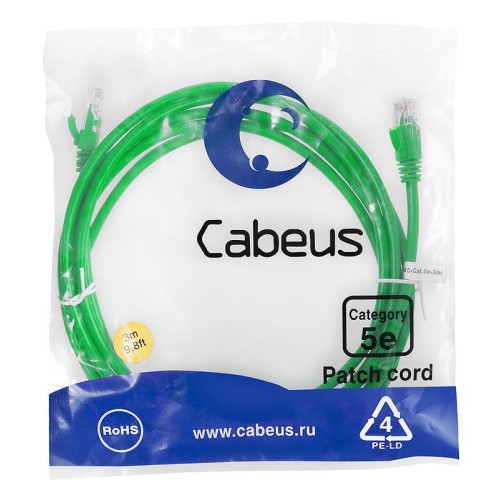 Патч-корд U/UTP кат.5E PC-UTP-RJ45-Cat.5e-3m-GN 2xRJ45/8p8c неэкранир. PVC 3м зел. Cabeus 7456c