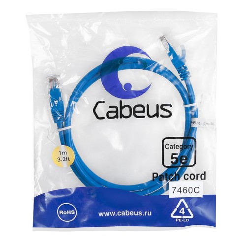 Патч-корд U/UTP кат.5E PC-UTP-RJ45-Cat.5e-1m-BL 2xRJ45/8p8c неэкранир. PVC 1м син. Cabeus 7460c