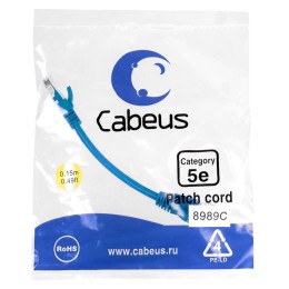 Патч-корд U/UTP кат.5E PC-UTP-RJ45-Cat.5e-0.15m-BL 2xRJ45/8p8c неэкранир. PVC 0.15м син. Cabeus 8989