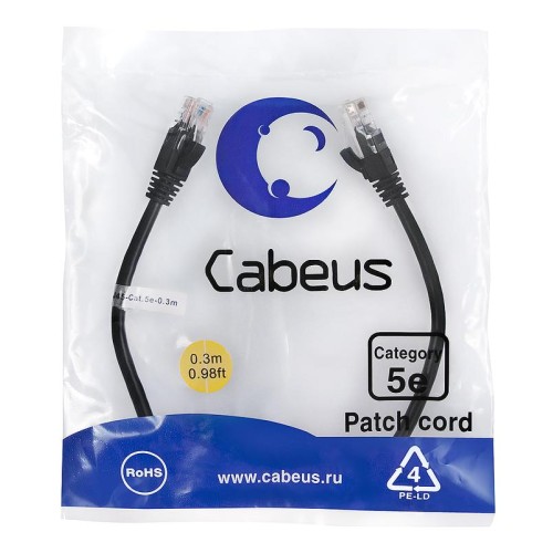 Патч-корд U/UTP кат.5E PC-UTP-RJ45-Cat.5e-0.3m-BK 2xRJ45/8p8c неэкранир. PVC 0.3м черн. Cabeus 7658c