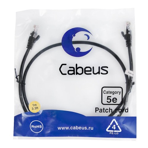 Патч-корд U/UTP кат.5E PC-UTP-RJ45-Cat.5e-1m-BK 2xRJ45/8p8c неэкранир. PVC 1м черн. Cabeus 7676c