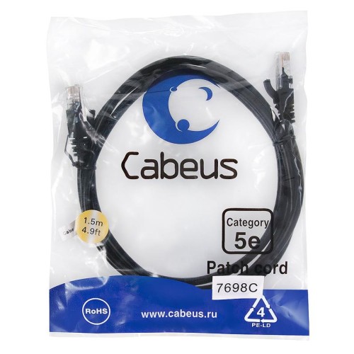 Патч-корд U/UTP кат.5E PC-UTP-RJ45-Cat.5e-1.5m-BK-LSZH 2xRJ45/8p8c неэкранир. LSZH 1.5м черн. Cabeus