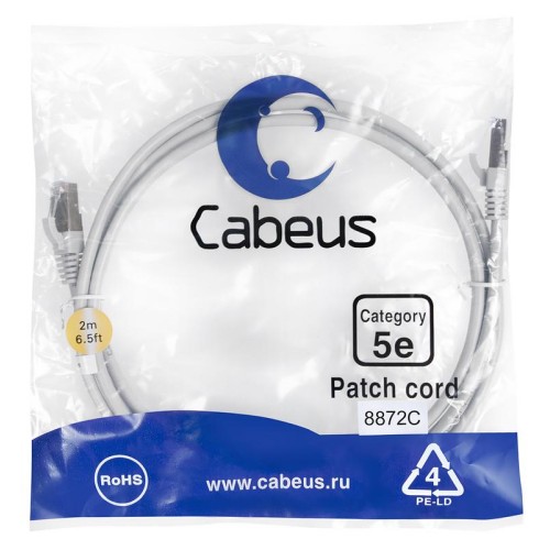 Патч-корд F/UTP кат.5E PC-FTP-RJ45-Cat.5e-2m-LSZH 2xRJ45/8p8c экранир. LSZH 2м сер. Cabeus 8872c