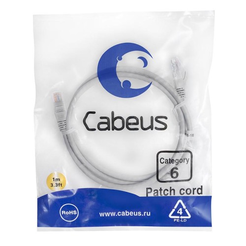Патч-корд U/UTP кат.6 PC-UTP-RJ45-Cat.6-1m 2xRJ45/8p8c неэкранир. PVC 1м сер. Cabeus 7267c