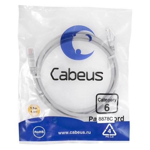Патч-корд U/UTP кат.6 PC-UTP-RJ45-Cat.6-1.5m-LSZH 2xRJ45/8p8c неэкранир. LSZH 1.5м сер. Cabeus 8878c