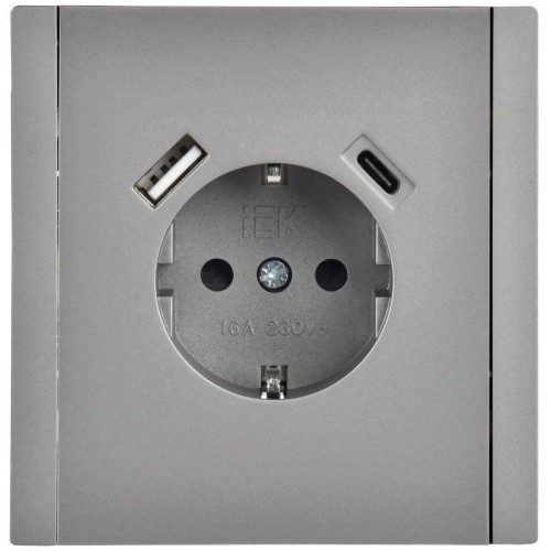 Розетка FORTE&PIANO FP547 16А USB A+C 18Вт с заземл. защ. шторки винт. крепл. сталь IEK FP-R14-16-U2