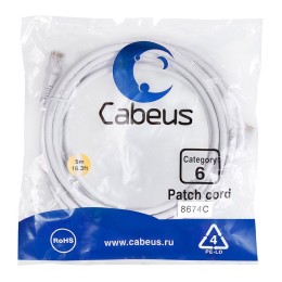 Патч-корд U/UTP кат.6 PC-UTP-RJ45-Cat.6-5m-WH 2xRJ45/8p8c неэкранир. PVC 5м бел. Cabeus 8674c