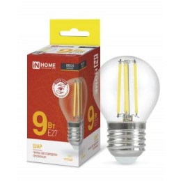 Лампа светодиодная LED-ШАР-deco 9Вт шар прозрачная 3000К тепл. бел. E27 1040лм 230В IN HOME 46906120
