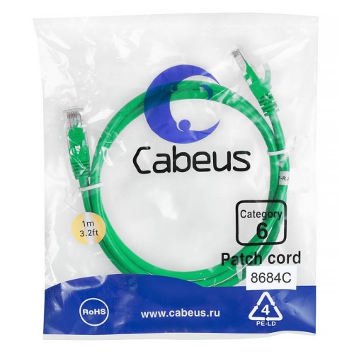 Патч-корд U/UTP кат.6 PC-UTP-RJ45-Cat.6-1m-GN 2xRJ45/8p8c неэкранир. PVC 1м зел. Cabeus 8684c