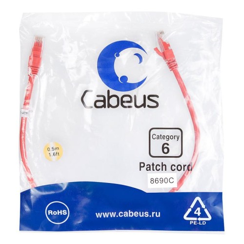 Патч-корд U/UTP кат.6 PC-UTP-RJ45-Cat.6-0.5m-RD 2xRJ45/8p8c неэкранир. PVC 0.5м красн. Cabeus 8690c
