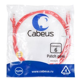 Патч-корд U/UTP кат.6 PC-UTP-RJ45-Cat.6-1.5m-RD 2xRJ45/8p8c неэкранир. PVC 1.5м красн. Cabeus 8692c