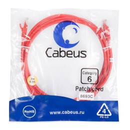 Патч-корд U/UTP кат.6 PC-UTP-RJ45-Cat.6-2m-RD 2xRJ45/8p8c неэкранир. PVC 2м красн. Cabeus 8693c