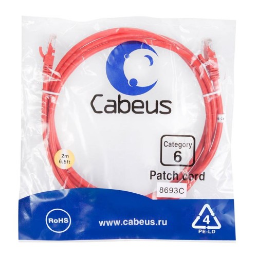 Патч-корд U/UTP кат.6 PC-UTP-RJ45-Cat.6-2m-RD 2xRJ45/8p8c неэкранир. PVC 2м красн. Cabeus 8693c