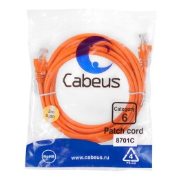 Патч-корд U/UTP кат.6 PC-UTP-RJ45-Cat.6-3m-OR 2xRJ45/8p8c неэкранир. PVC 3м оранж. Cabeus 8701c