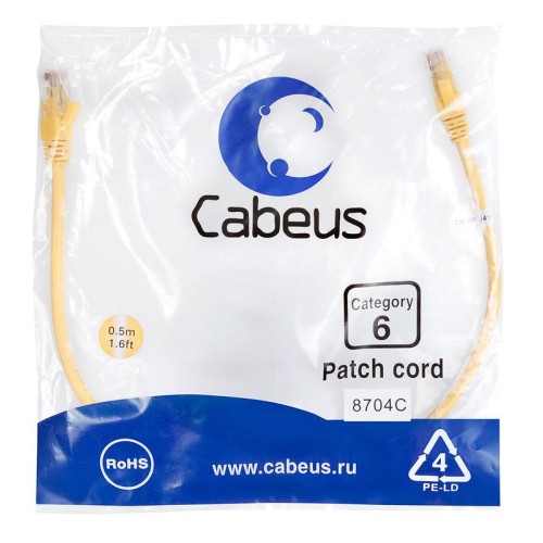 Патч-корд U/UTP кат.6 PC-UTP-RJ45-Cat.6-0.5m-YL 2xRJ45/8p8c неэкранир. PVC 0.5м желт. Cabeus 8704c