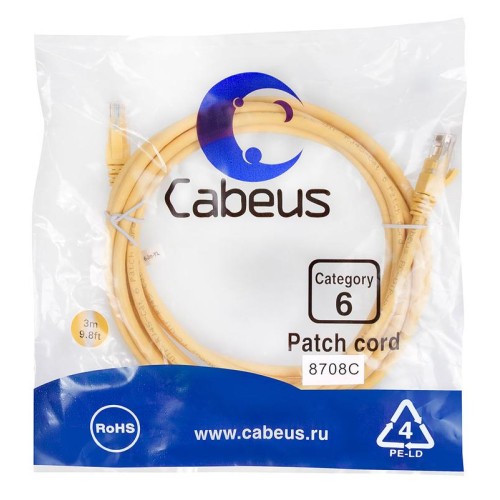 Патч-корд U/UTP кат.6 PC-UTP-RJ45-Cat.6-3m-YL 2xRJ45/8p8c неэкранир. PVC 3м желт. Cabeus 8708c