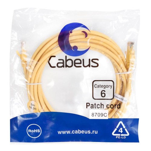 Патч-корд U/UTP кат.6 PC-UTP-RJ45-Cat.6-5m-YL 2xRJ45/8p8c неэкранир. PVC 5м желт. Cabeus 8709c