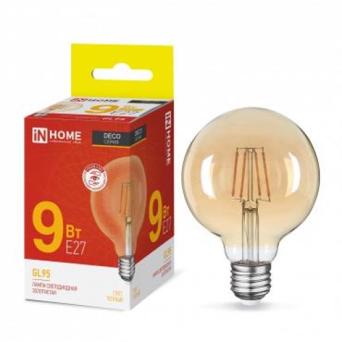 Лампа светодиодная LED-GL-95-deco gold 9Вт шар золотая 3000К тепл. бел. E27 1040лм 230В IN HOME 4690