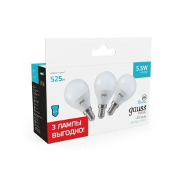 Лампа светодиодная Basic 5.5Вт шар 4100К E14 525лм (уп.3шт) GAUSS 10531252T