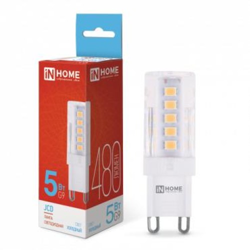Лампа светодиодная LED-JCD 5Вт капсульная прозрачная 6500К холод. бел. G9 480лм 230В IN HOME 4690612