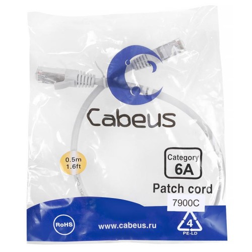 Патч-корд S/FTP кат.6A PC-SSTP-RJ45-Cat.6a-0.5m-LSZH 2xRJ45/8p8c экранир. LSZH (10G) 0.5м сер. Cabeu
