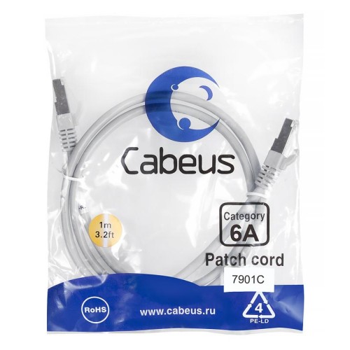 Патч-корд S/FTP кат.6A PC-SSTP-RJ45-Cat.6a-1m-LSZH 2xRJ45/8p8c экранир. LSZH (10G) 1м сер. Cabeus 79