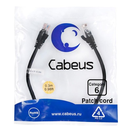 Патч-корд U/UTP кат.6 PC-UTP-RJ45-Cat.6-0.3m-BK 2xRJ45/8p8c неэкранир. PVC 0.3м черн. Cabeus 8661c