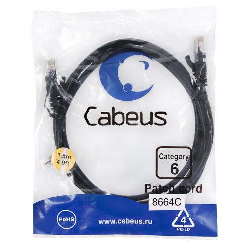 Патч-корд U/UTP кат.6 PC-UTP-RJ45-Cat.6-1.5m-BK 2xRJ45/8p8c неэкранир. PVC 1.5м черн. Cabeus 8664c