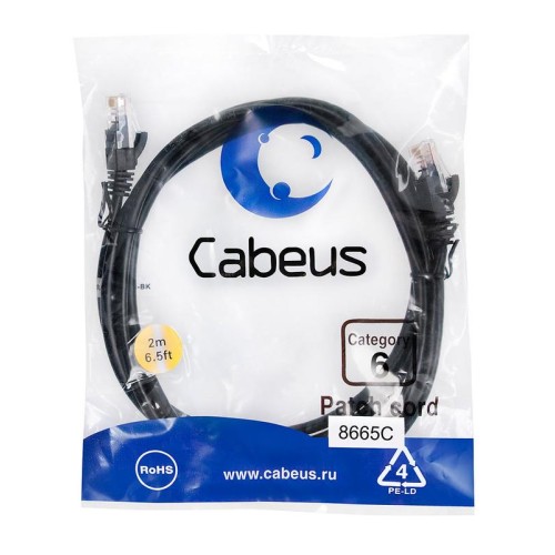 Патч-корд U/UTP кат.6 PC-UTP-RJ45-Cat.6-2m-BK 2xRJ45/8p8c неэкранир. PVC 2м черн. Cabeus 8665c