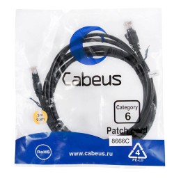 Патч-корд U/UTP кат.6 PC-UTP-RJ45-Cat.6-3m-BK 2xRJ45/8p8c неэкранир. PVC 3м черн. Cabeus 8666c