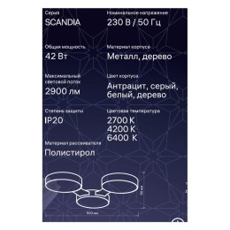 Люстра светодиодная SCANDIA 42Вт 500х500х50мм 15кв.м потолочная 3 режима антрацит/сер./бел./дерево R