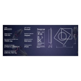 Люстра светодиодная BREZZO 100Вт 755х600х50мм 44кв.м потолочная ДУ 3 режима диммир. бел. Ritter 5239