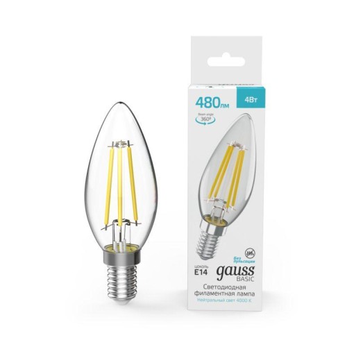 Лампа светодиодная филаментная Basic Filament 4Вт Свеча 4000К E14 480лм GAUSS 50312242