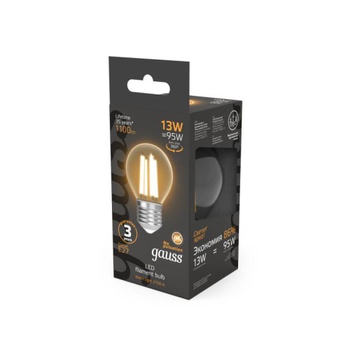 Лампа светодиодная филаментная Black Filament 13Вт P45 шар 2700К тепл. бел. E27 1100лм GAUSS 1058021