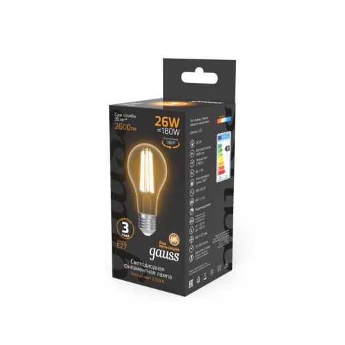 Лампа светодиодная филаментная Black Filament 26Вт A70 грушевидная 2700К тепл. бел. E27 2600лм GAUSS