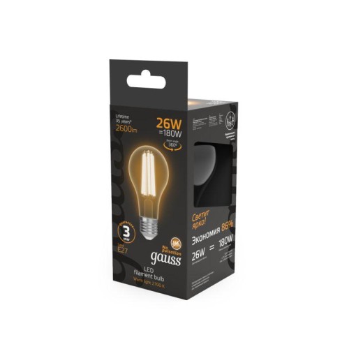 Лампа светодиодная филаментная Black Filament 26Вт A70 грушевидная 2700К тепл. бел. E27 2600лм GAUSS