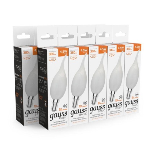 Лампа светодиодная филаментная Basic Filament 4.5Вт Свеча на ветру 2700К Е14 380лм milky GAUSS 10451