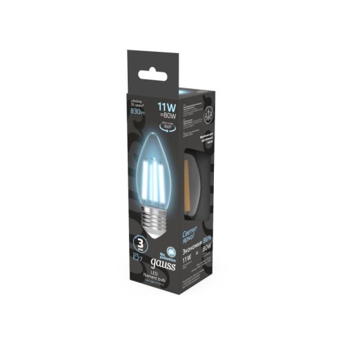 Лампа светодиодная филаментная Black Filament 11Вт свеча 4100К нейтр. бел. E27 830лм GAUSS 103802211