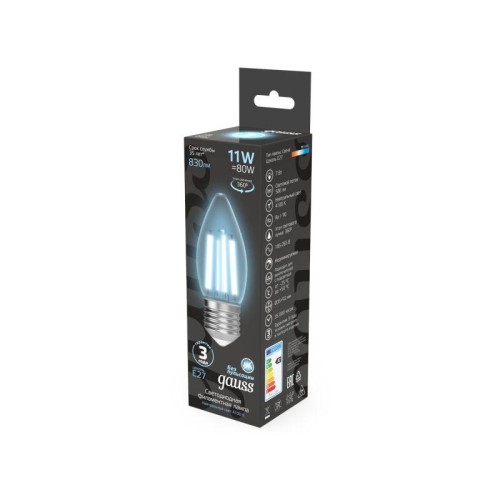 Лампа светодиодная филаментная Black Filament 11Вт свеча 4100К нейтр. бел. E27 830лм GAUSS 103802211