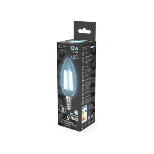 Лампа светодиодная филаментная Black Filament 13Вт свеча 4100К нейтр. бел. E14 1150лм GAUSS 10380121