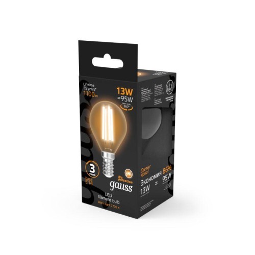 Лампа светодиодная филаментная Black Filament 13Вт P45 шар 2700К тепл. бел. E14 1100лм GAUSS 1058011