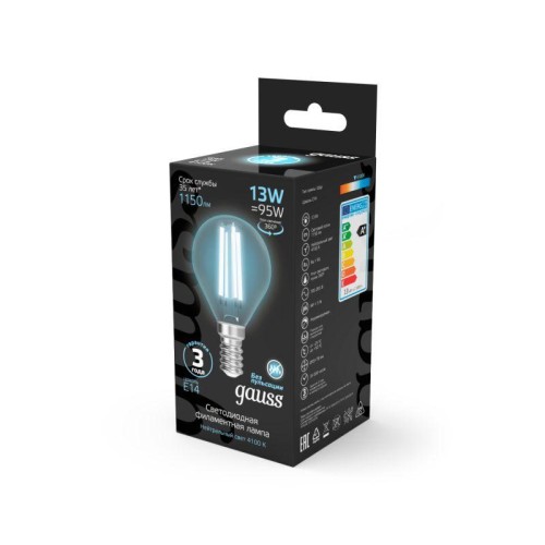 Лампа светодиодная филаментная Black Filament 13Вт P45 шар 4100К нейтр. бел. E14 1150лм GAUSS 105801