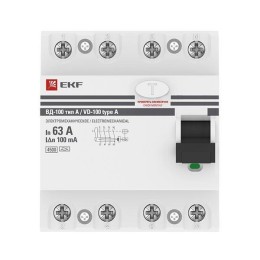 Выключатель дифференциального тока (УЗО) 4п 63А 100мА тип A ВД-100 (электромех.) PROxima EKF elcb-4-