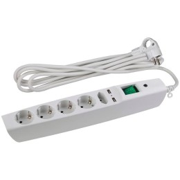 Удлинитель с сетевым фильтром 5х2м с заземл. 10А IP20 U-5es-2m-W 2хUSB ПВС 3х0.75 с выкл. защ. шторк