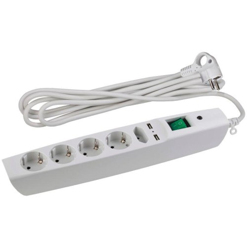 Удлинитель с сетевым фильтром 5х2м с заземл. 10А IP20 U-5es-2m-W 2хUSB ПВС 3х0.75 с выкл. защ. шторк
