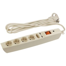 Удлинитель с сетевым фильтром 5х2м с заземл. 10А IP20 U-5es-2m-I 2хUSB ПВС 3х0.75 с выкл. защ. шторк