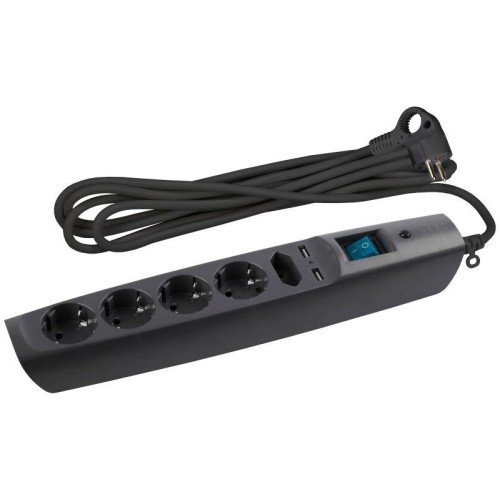 Удлинитель с сетевым фильтром 5х2м с заземл. 10А IP20 U-5es-2m-B 2хUSB ПВС 3х0.75 с выкл. защ. шторк