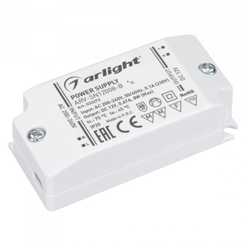 Arlight Блок питания ARV-SN12008-B (12V, 0.67A, 8W) (IP20 Пластик, 3 года)