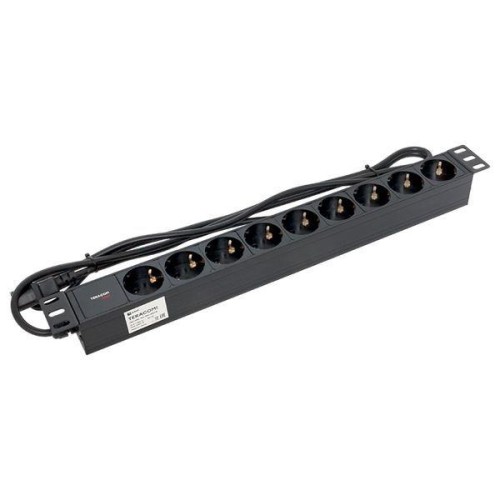 Блок PDU TERACOM PRO 19дюйм 1U 10А/250В 9 роз. Schuko шнур 2м 3х1.5кв.мм вилка C14 корпус алюм. черн