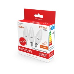 Лампа светодиодная Elementary 6Вт свеча 3000К тепл. бел. E14 420лм промо (уп.3шт) GAUSS 33116T